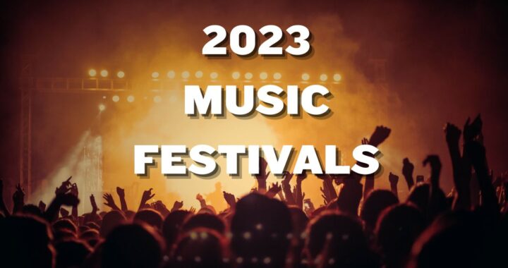 Concert crowd with lights 2023 music festivals logo announcement
