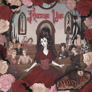 Roxana Line's single track "marry me" cover photo of a 19th century emo bride in a church with guests surrounding her